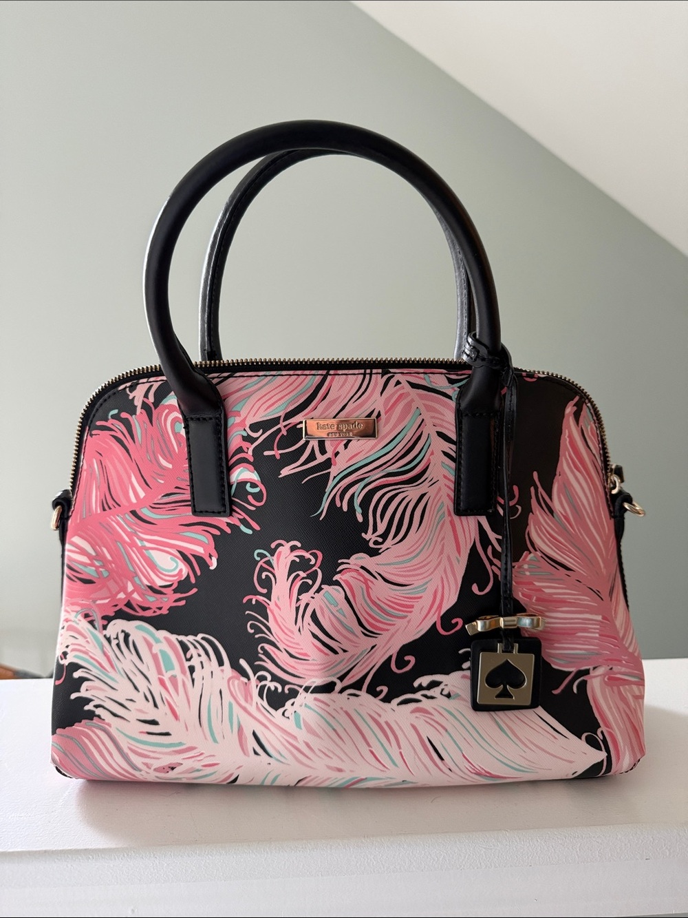kate spade Black Satchel with Pink Feather Print